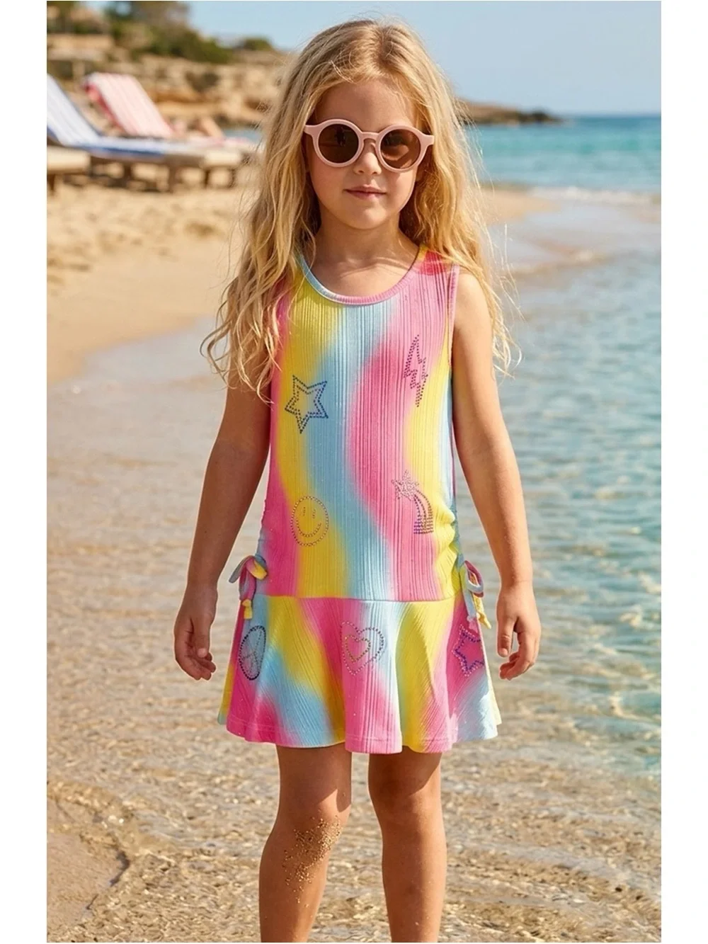 Sara Sara Pastel Rainbow Sparkly Rhinestone Girls Size 7 Drop Waist Dress
